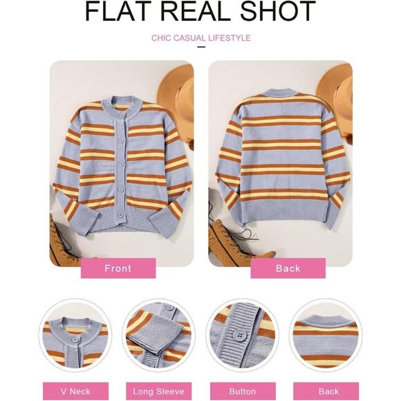 Women's Striped Cotton Cropped Cardigan Sweater Light Layer Casual Chic - Picture 5 of 5